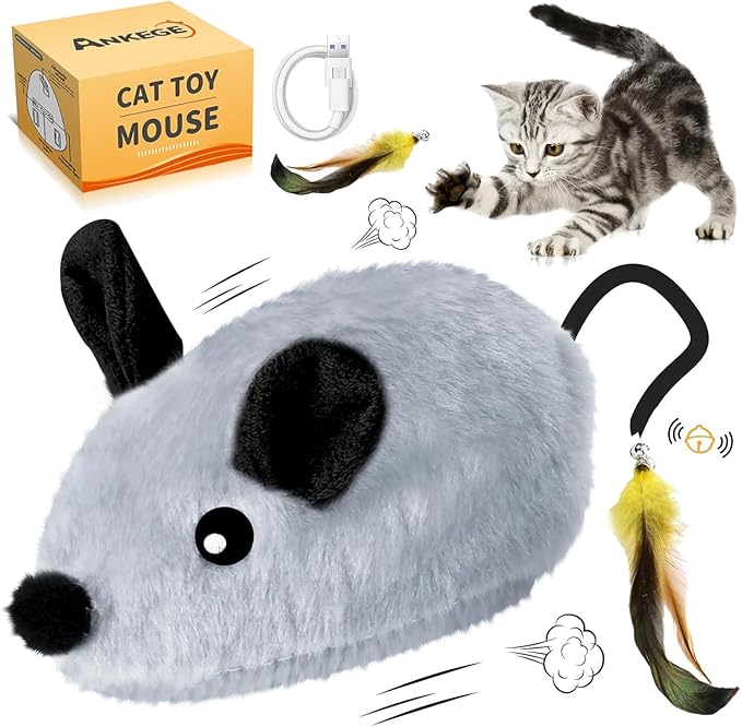 Interactive Cat Toys Mouse for Indoor Cats Rechargeable LED Cat Mouse Toy Feather Bell Tail Lifelike Electric Automatic Moving Mouse Cat Toy for All Breeds Cat Boredom Exercise-Gray