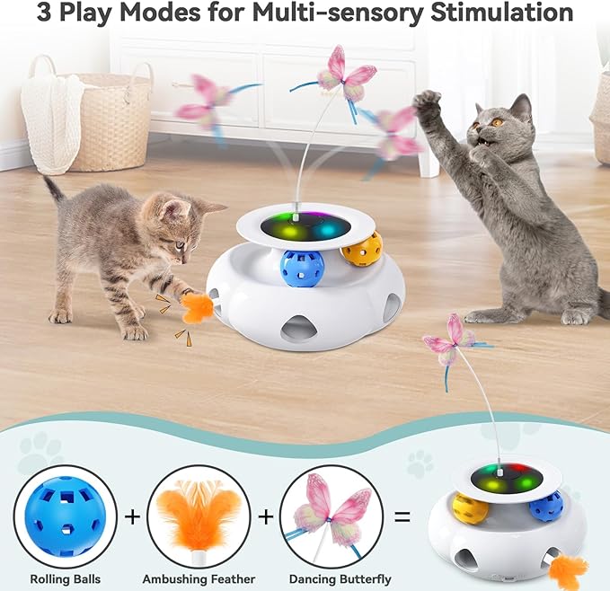 Cat Toys Automatic 3in1 Rechargeable Ambush Feather, Spinning Butterfly, Track Balls, Touch Activated Kitten Toys Interactive Cat Toy for Indoor Cats