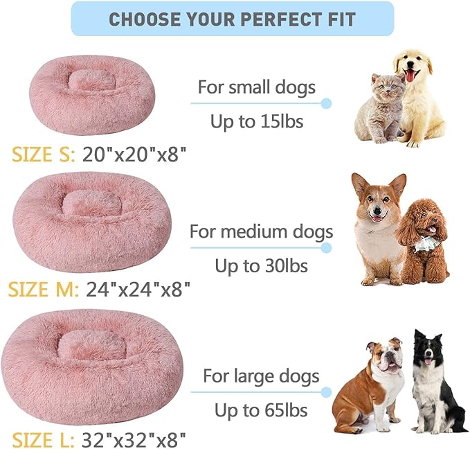 BinetGo Calming Cat and Dog Beds，24 inches Dog Bed, Pink Puppy Bed,Original Calming Donut Cat and Dog Bed in Shag Fur– Machine Washable, Anti Slip Waterproof Bottom