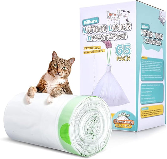65 Count Drawstring Litter Box Liner Bags for Auto Self-Cleaning Litter Box, Extra Thick Leak Proof Cat Litter Replacement Waste Bags, Unscented, 18.1"W x 15.7"H, 3.5 Gal