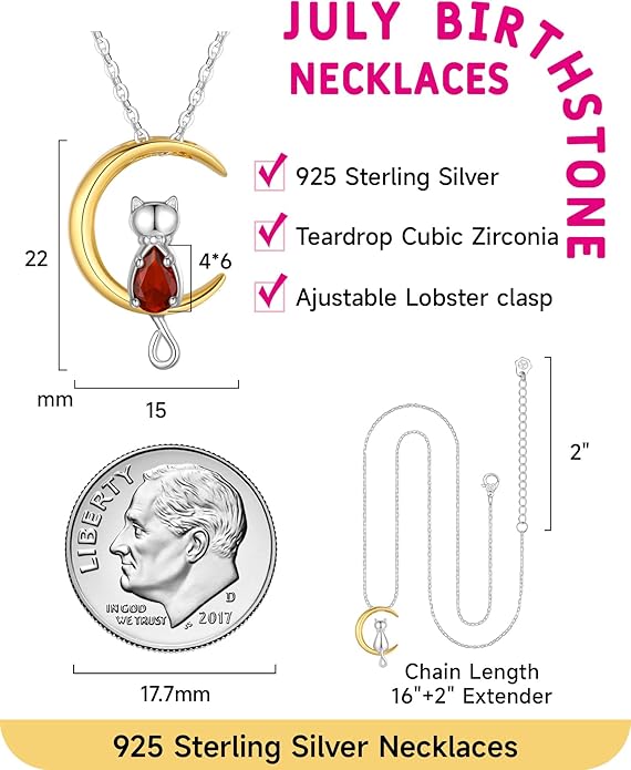 Birthstone Necklace for Women Girls, Cat Necklaces 925 Sterling Silver Teardrop Pendant 18K Gold-Plated Birthstone Jewelry Gifts for Birthday Easter
