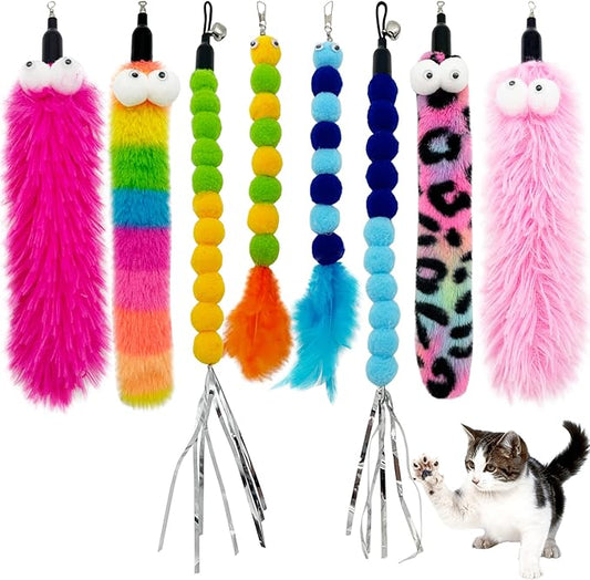 Cat Worm Toy Refills Cat Wand Replacement Worms Cat Toy, 8 PCS Cat Wand Attachments Assorted Worm Feather for Cat Toys