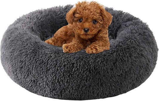 Calming Dog Bed, Dog Beds Fits up to 5 lbs Pets, Fluffy Donut Dog & Cat Bed Washable, Round Anti Anxiety Dog Bed, Small Dog Bed with Non-Slip Bottom (Dark Grey, 17" x 17")