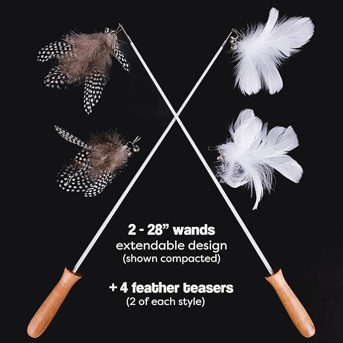 Cat Park Cat Wand Toys for Indoor Cats - 2PCS Interactive Cat Toy Wand with 4 Cat Feather Toys Refills, 27" Flexible Steel Wire, Sturdy Wood Handle & Bell, Fun Kitten or Cat Teaser Toy to Play, Chase