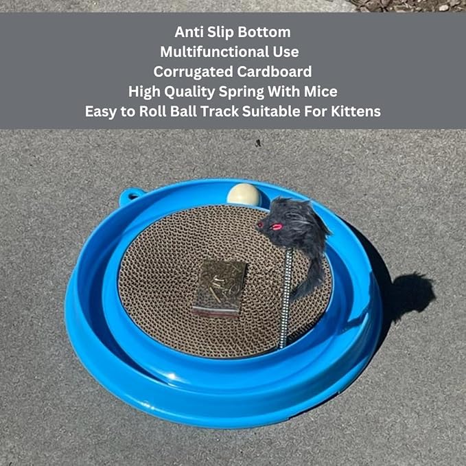Round Cat Scratcher with Ball, Cat Toys Scratching Pad for Indoor Play Physical Interactive Cat Scratchers Toy for Kitten with Spring & Ball Perfect for Mental & Physical Exercise Cat Ball Track, Blue