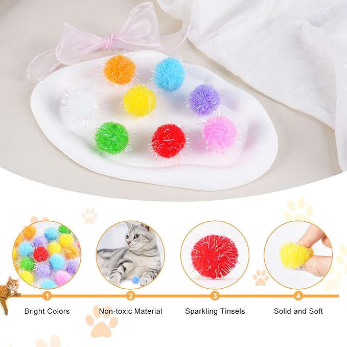DF DUALFERV 60 Pcs Cat Pom Pom Balls, Interactive Pom Pom Cat Toys, Sparkle Balls for Cats, Extra Large Fuzzy Cat Balls for Exercise and Entertainment, Multicolor, 1.5 Inch