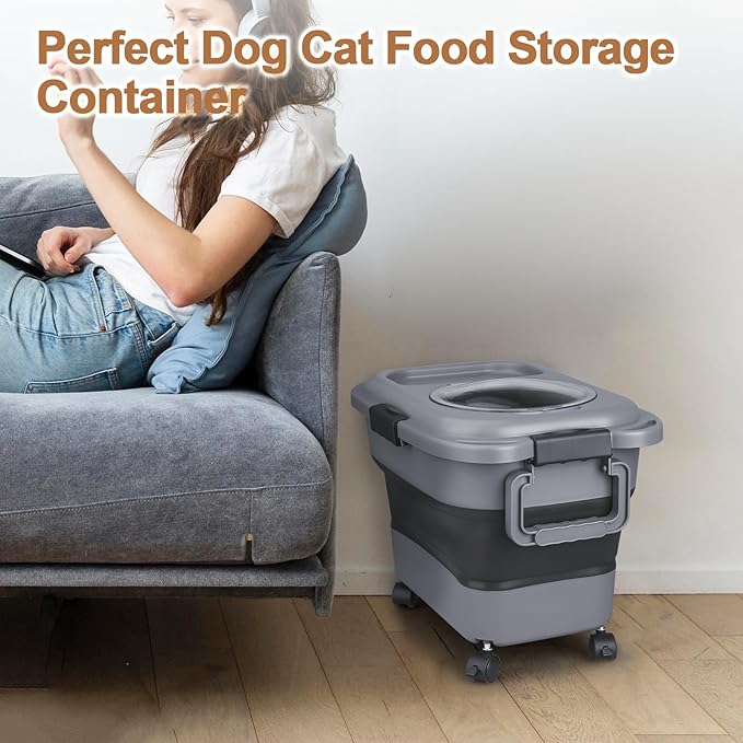 Dog Food Storage Container，10-20 lbs Airtight Collapsible Cat Food Storage Container with Attachable Wheels, Portable Handle, Dog Food Scoop for Dog Cat Bird Pet Dry Food Storage Bin Medium Pack of 2