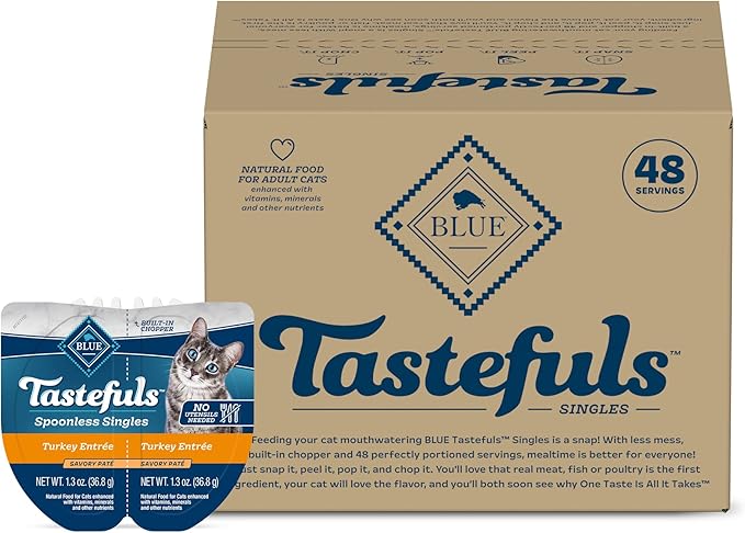 Blue Buffalo Tastefuls Spoonless Singles Adult Pate Wet Cat Food, Turkey Entrée, Perfectly Portioned Cups in (24) 2.6-oz Twin-Pack Trays