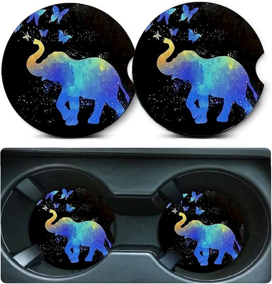 Car Coasters for Cup Holders,2 Pack Elephant Car Coasters,2.75" Universal Size Anti Slip Rubber Mat,Automotive Cup Holder Decal Decor Accessories,Elephant Gifts for Women,Men,Mom
