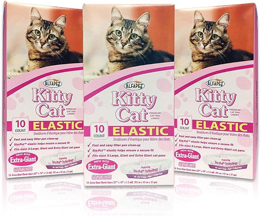 Alfapet Kitty Cat litter box Disposable, Elastic Liners- 30 count For Large, X-Large, Giant, Extra-Giant Litter Pans- With Sta-Put Technology for Firm, Easy Fit- Quick + Clever Waste Cleaners, 3 pack