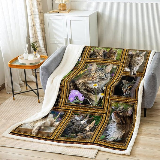 Feelyou Maine Coon Fleece Throw Blanket for Bed Sofa Couch Cute Cat Floral Plush Blanket Queen 90"x90" Kawaii Kitten Pet Sherpa Blanket Gift for Maine Coon Lover Fuzzy Blanket Flannal Blanket
