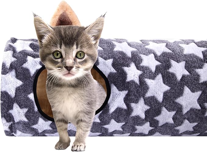 LUCKITTY Cat Tunnel -Straight-Shaped, Gray Star Pattern, Soft Velvet Exterior, Oxford Fabric Fog-Proof Interior, Plush Toy Ball, Easily Washable, Conveniently Foldable, 47.2in/120cm