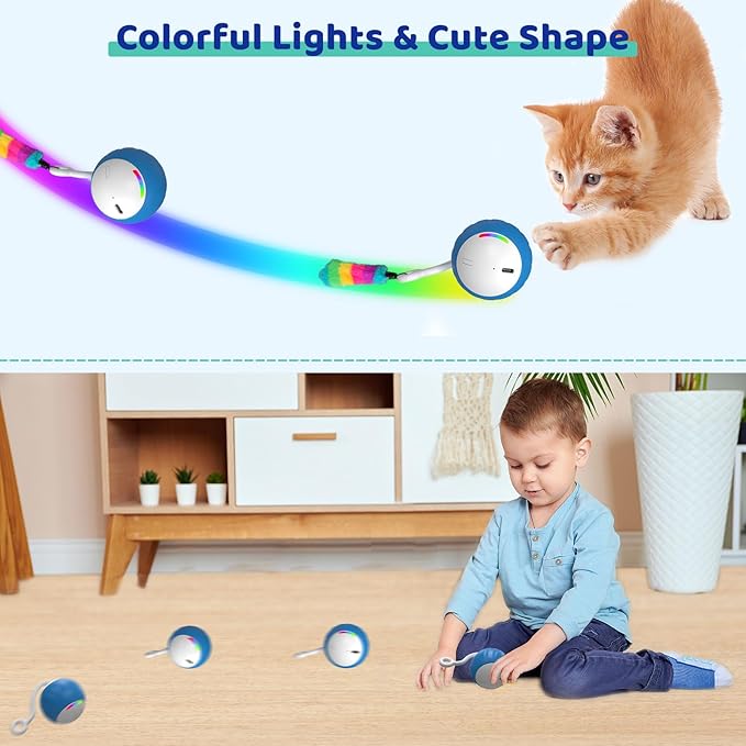 Interactive Cat Toys for Indoor Cats, DIY 5 in 1 Automatic Moving Cat Ball Toys/Puppies Toys with LED Rainbow Lights, Smart Sounds&Touch Control Cat Toys,USB Rechargeable (Blue)