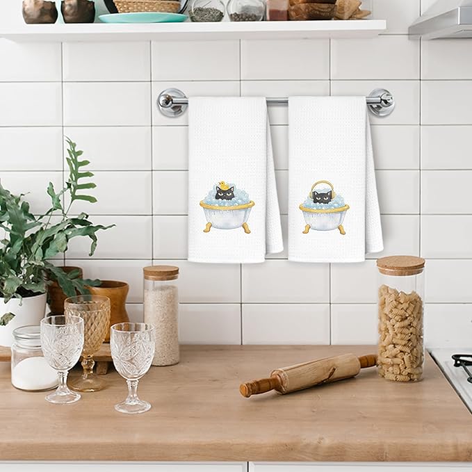 Funny Black Cat Bathroom Hand Towels, Cat Lover Mom Lady Gifts for Women, Cute Bathing Black Kitten Decorative Hand Towels for Bathroom Washroom, 16x24 Inch Set of 2