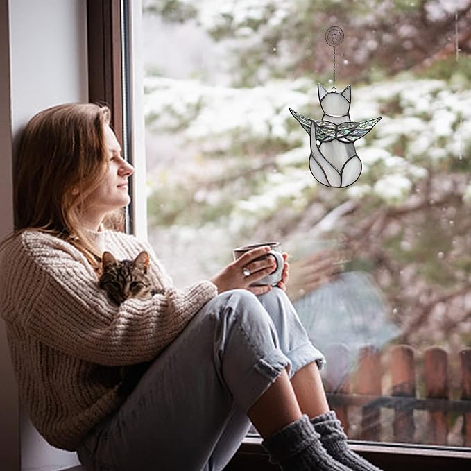 BOXCASA Cat Memorial Gifts for Loss of a Cat - Iridescent Angel Wing Suncatchers for Stained Glass Window Hangings,Loss of Pet Sympathy Gift for Women