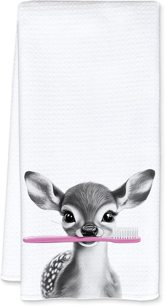 Funny Toothbrush Deer Hand Towels for Bathroom Washroom Restroom Decor, Deer Gifts for Women, Kids Hand Towels, 16x24 Inch