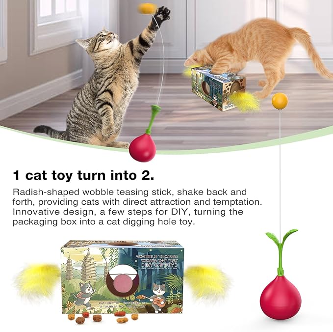Zaabaazona 2-in-1 Cat Toy, Interactive Cat Toy for Indoor Cats Self-Righting Rocking Feather Cat Toy, Multi-Function Cat Ball Toy, Cat-Digging Hole Toy Suitable as a Birthday Gift