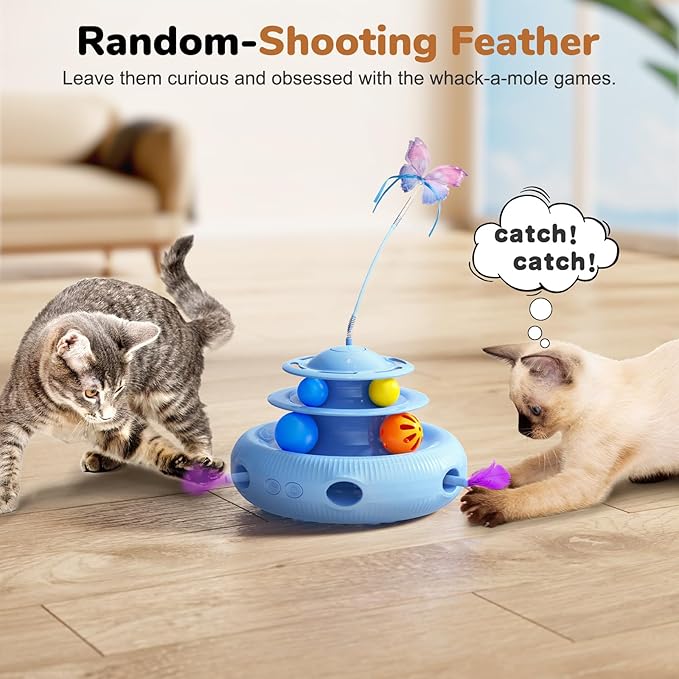 Cat Toys, 4-in-1 Rechargeable Automatic Interactive Cat Toy with Fluttering Butterfly, Random Moving Ambush Feather, Two-Tier Track Balls, 5H Smart Standby, Touch-Activated (Blue)