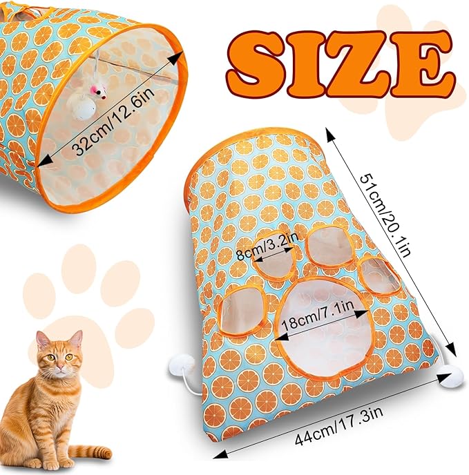 Andiker Cat Tunnel Bags for Indoor Cats, 13x17x12In Foldable Cat Crinkle Bag with 3 White Plush Balls and 1 Mouse 5 Holes for Kitten to Hide and Catch 3 Layers Cat Toy (Orange)