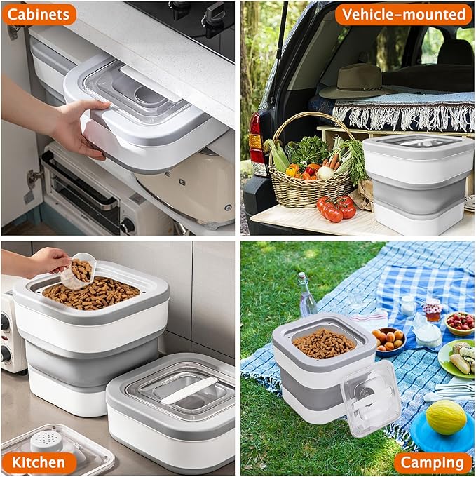 BNOSDM Collapsible Dog Food Storage Container, 5-13 Lbs Cat Food Bin Pet Storage Container with Magnetic Lid, Folding Bowl, Scoop and Measuring Cup for Dog Cat Pet Dry Food