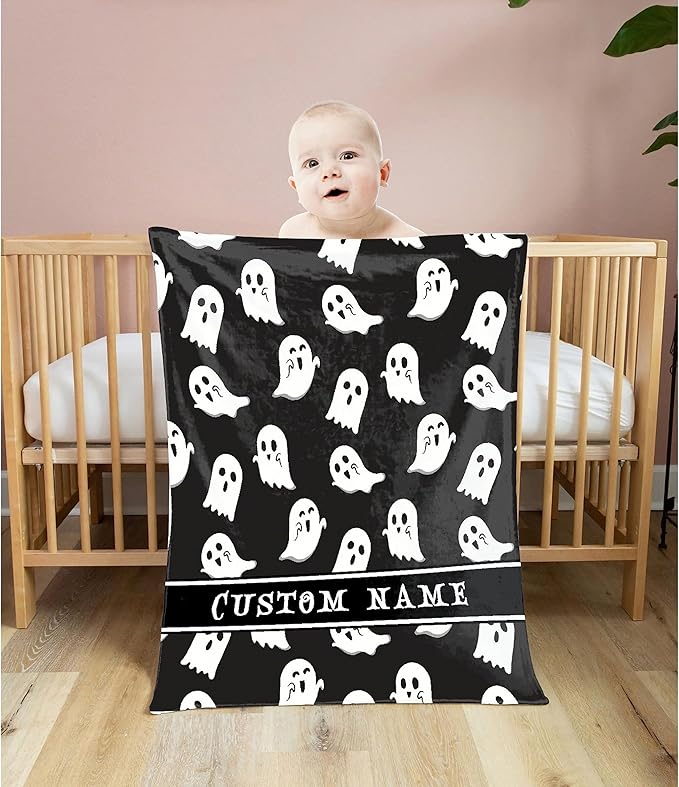 Cute Little Funny Ghost Custom Blanket Black Night Sky Spooky Personalized Throw Blankets Gifts for Girl Boy Flannel Fleece Halloween Customized Throw Blankets for Bed Couch Chair 120x90In Extra Large