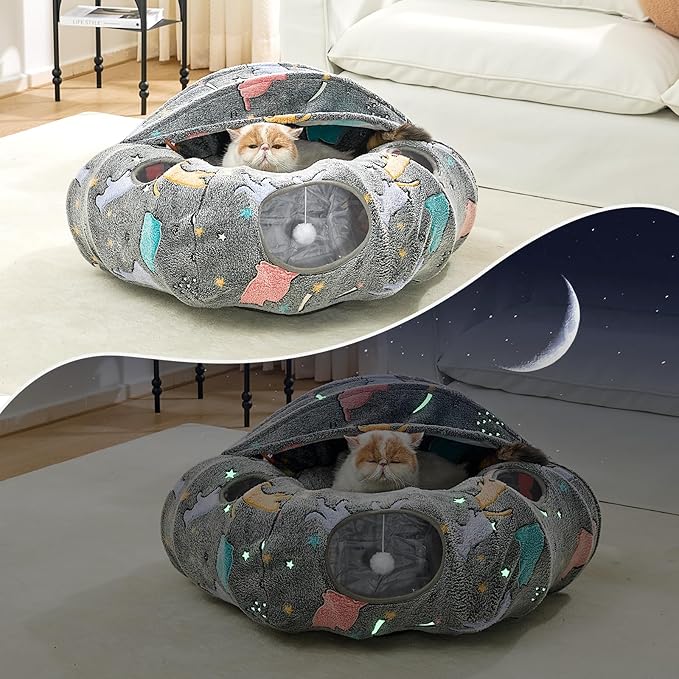 JIUPETY Cat Tunnel Bed with Soft Plush Mat, Collapsible Tube Playground, Cat Cave Bed Tunnel for Indoor Cats, Kitten, Rabbit, Ferret, Fluffy Plush Material, Includes Dangling Balls, Cave Grey B