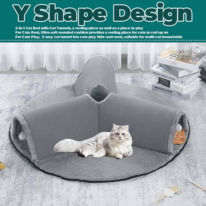 HOMBYS Extra Large 28" Cat Tunnel Bed for Indoor Cats, 2-in-1 Cat Bed with Y Shape Cat Tunnel, Cat Carpet Tunnel for Multi-Pets Family, Detachable, Washable for Cats and Small Pets
