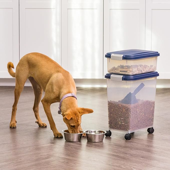 IRIS USA Dog Food Storage Container, 30 lbs & 11 lbs Combo, Cat Food Storage Container, Dog Treat Container, Airtight, Stackable, 2-Cup Scoop, Wheels, Easy Mobility, Navy