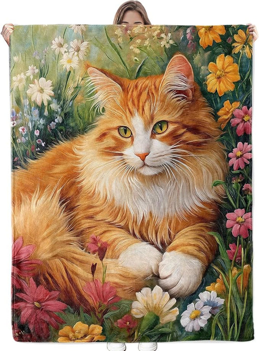 Lovely Cat & Wildflowers Blanket - Ultra Soft & Cozy Flannel Kitten Throw Blankets, Warm, Lightweight & Fuzzy - Perfect for Bed, Couch, Travel & Outdoor Use - for Men Women Adults 60"×50"