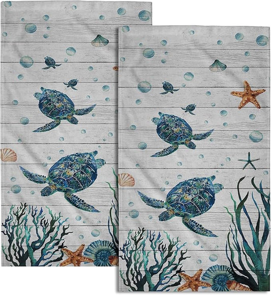 Sea Turtle Hand Towels Set of 2 Tropical Ocean Guest Bath Towel Soft Fingertip Kitchen Dish Towel Gym Spa Home Bathroom Decorations