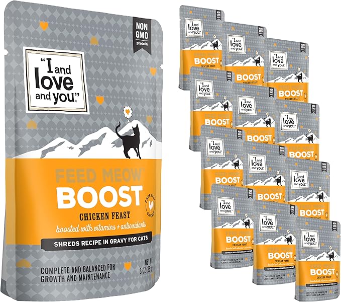 I and love and you Feed Meow Boost Wet Cat Food - Chicken - Antioxidants & Vitamins for Vitality, Grain Free, Shredded, 3oz Pack of 12
