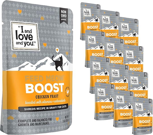 I and love and you Feed Meow Boost Wet Cat Food - Chicken - Antioxidants & Vitamins for Vitality, Grain Free, Shredded, 3oz Pack of 12
