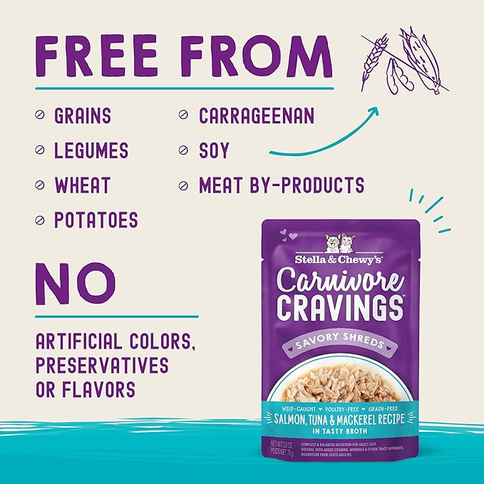 Stella & Chewy's Carnivore Cravings Wet Cat Food Pouches – Grain Free, Protein Rich Meal, Topper or Treat – Salmon, Tuna & Mackerel Recipe (2.8 Ounce Pouches, Case of 24)
