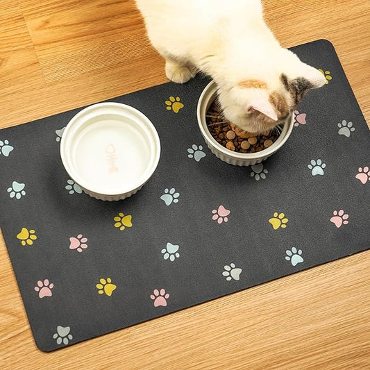 Absorbent Pet Feeding Mat for Food and Water No Stains Quick Dry Mat for Dog Cat Bowl, Dark Paw12x19 Inches