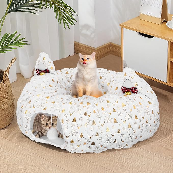 Cat Tunnel Bed for Indoor Cats, 3-in-1 Christmas Cat Donut Tunnel with Washable Cushion, Cat Tube Cave Toys Comes with Two Spherical Cat Fun Balls, for Kitten/Puppy/Rabbit, White