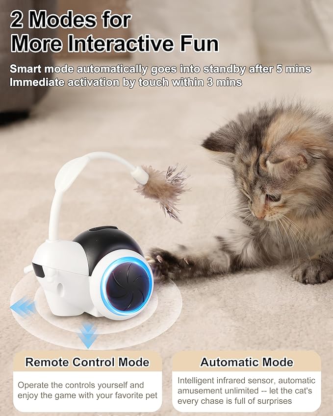 Interactive Cat Toys for Indoor Cats, Automatic Cat Toys Interactive with LED & Feather, Cat Mice Toys Smart Sensing Moving Electronic for Bored Adult Cats & Kitty, USB C Rechargeable