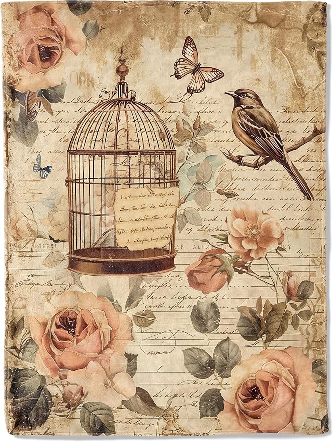 Vintage Birdcage and Rose Throw Blanket- Ultra Soft, Fleece, Lightweight,Floral and Bird Retro Blankets, for Couch Romantic Room Bedroom Modern Decor, Gifts for Women & Garden Lovers 50x60in