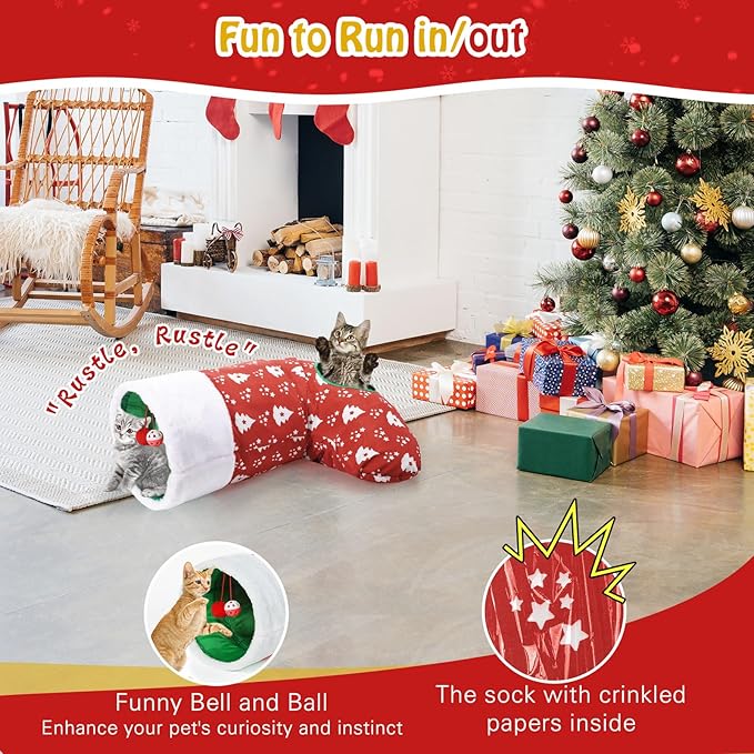 Pawaboo Cat Tunnel Christmas Sock with Bell Balls, Upgraded 2 Way Cat Tunnel Interactive Toy, Pet Xmas Stocking with Crinkle Paper & Strong Spring-Steel Frame for Cat Kitten Kitty, Red Christmas Tree