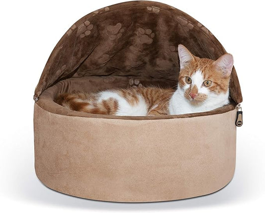 K&H Pet Products Self-Warming Kitty Bed Hooded Pet Bed for Cats or Dogs Chocolate/Tan Small 16 Inches