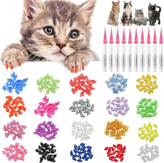 100pcs Cat Nail Caps Kitten Caps Cat Caps Cat Nail Covers with 5pcs Adhesive Glue+5pcs Applicators+Instruction