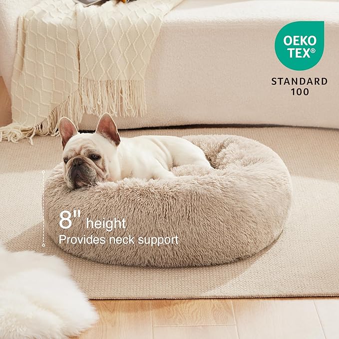 Love's cabin 20in Cat Beds for Indoor Cats - Cat Bed with Machine Washable, Waterproof Bottom - Taupe Fluffy Dog and Cat Calming Cushion Bed for Joint-Relief and Sleep Improvement