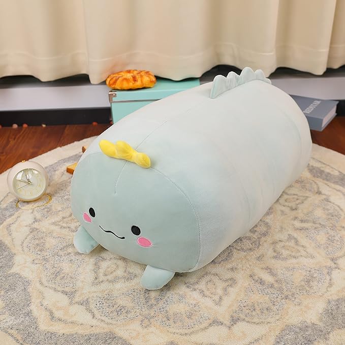 TemBe 23.6 inch Cute Large Dinosaur Plush Stuffed Animal Pillow, Very Soft Squish Mellow Hugging Toy Gifts for Bedding, Kids Sleeping Cute Pillow (Green Dinosaur)