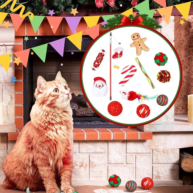 Christmas Cat Toys Stocking Set 12 Assorted Xmas Cat Toys Set with Squeaky Toys Balls Cat Teaser Fun Cat Toys Indoor Outdoor Interactivity Pet Kitten
