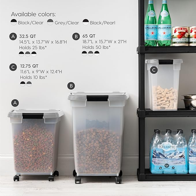 IRIS USA 50 Lbs WeatherPro Airtight Pet Food Storage Container with Removable Casters, for Dog Cat Bird and Other Pet Food Storage Bin, Keep Fresh, Clear/Gray