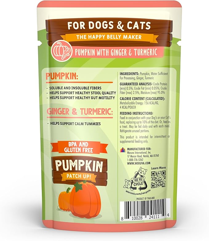 Weruva Pumpkin Patch Up! Pumpkin with Ginger & Turmeric for Dogs & Cats, 1.05oz Pouch (Pack of 12)