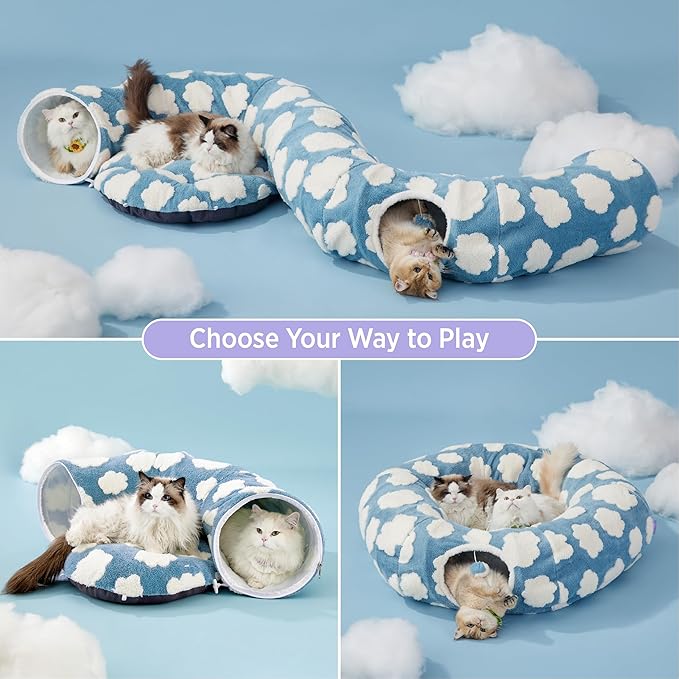 Lesure Large Cat Tunnel Bed for Indoor Cats - Cute Cat Donut Tunnel with Washable Circle Cushion, Round Pet Play Tunnel Toy for Kitten/Puppy/Rabbit,Blue