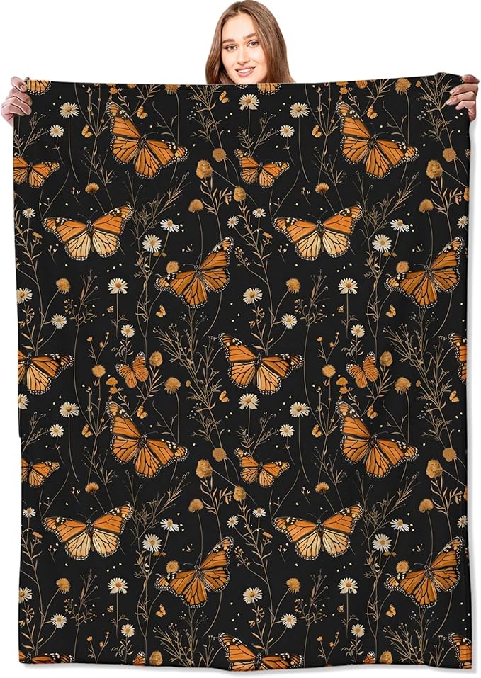 Butterfly Garden Blanket Floral Black Throw Blankets Gifts for Girls Women Adults Lightweight Soft Fleece Cozy for Sofa Couch Bed Room Travel Birthday Party Decor 50x60in