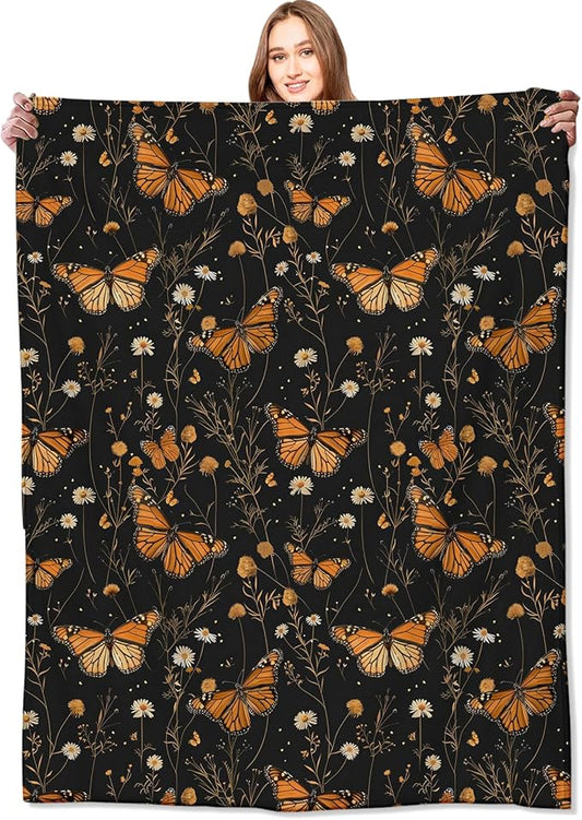 Butterfly Garden Blanket Floral Black Throw Blankets Gifts for Girls Women Adults Lightweight Soft Fleece Cozy for Sofa Couch Bed Room Travel Birthday Party Decor 40x50in