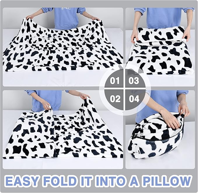 Solaris Travel Wearable Blanket with Sleeves, 2 in 1 Packable Airplane Pillow Blanket for Adult Women Men, Soft Cozy Warm Snuggy Body Blanket for Outdoor Indoor Home Lounge, Cow Print