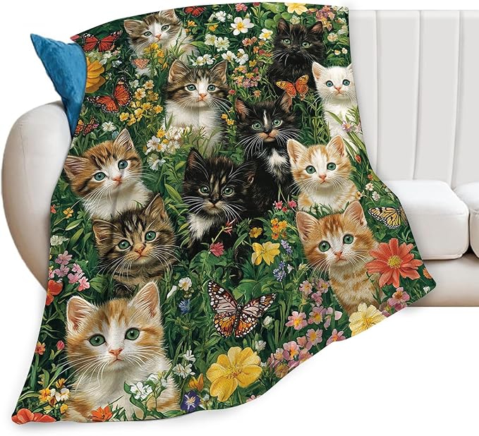 Cat Throw Blanket Ultra Soft Cozy Deer Flower Cats Blanket Fleece Fuzzy Plush Cat Lovers Decor Gifts for Women Girls Adults Couch Sofa 50"x40"